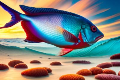 Pez tropical azul y rojo junto a olas suaves en la orilla, especies endemicas pesca agua salada descubre.