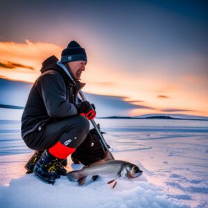 Pescador abrigado junto a una captura sobre la nieve en un lago congelado al atardecer, especies peces pescar hielo lagos montana