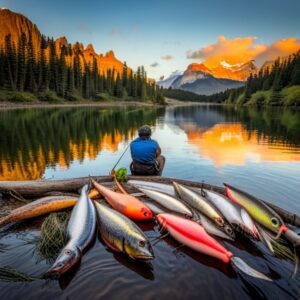 Pescador sentado en la orilla con varios señuelos que imitan peces sobre la madera, especies peces pescar senuelos artificiales rios
