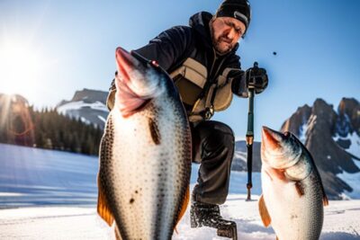 Pescador arrodillado mostrando dos peces grandes tras especies pesca hielo abundante en lago congelado
