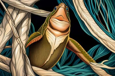 Ilustración de un pez entre redes y algas que simboliza especies vulnerables sobreexplotacion pesquera