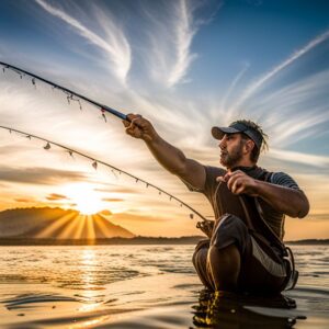 Pescador arrodillado lanzando un señuelo al amanecer en aguas poco profundas, mostrando estrategias competencias pesca senuelos.