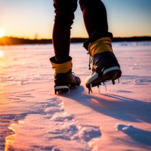 Botas con crampones caminando sobre un lago helado al atardecer evita caidas pescar hielo consejos evitar accidentes