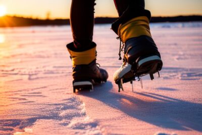 Botas con crampones caminando sobre un lago helado al atardecer evita caidas pescar hielo consejos evitar accidentes