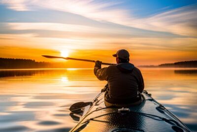 Remero en kayak al amanecer sobre agua calma con cubierta texturizada que evita deslizamiento kayak lanzar anzuelo