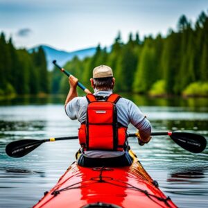 Persona en kayak rojo remando en un lago tranquilo con chaleco, evita enredos pesca linea pescar kayak