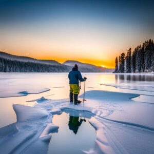 Pescador en lago helado al atardecer, evita estos errores pescar hielo consejos clave para una salida segura.
