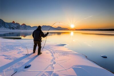 Pescador sobre nieve junto al borde de agua helada al amanecer, evita linea pesca enrede hielo consejos practicos para lanzar sin enredos