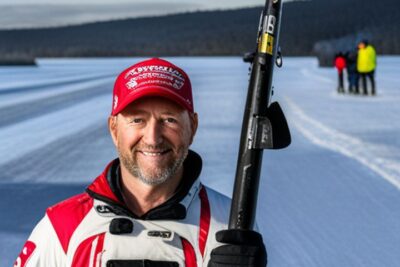 Hombre con equipo de pesca en hielo sonriendo sobre un lago congelado, factores climaticos competencia pesca hielo