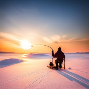 Pescador sentado en un lago helado al atardecer junto a un trineo, imagen para guia completa calzado pesca hielo