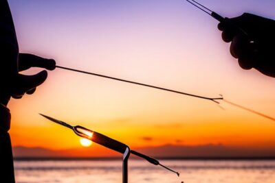 Manos anudando línea y gancho frente al mar al atardecer, guia completa herramientas nudos pesca agua salada