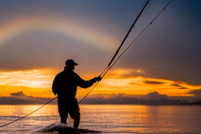 Pescador en wading lanzando línea en el mar al atardecer para una guia completa linea intermedia pesca mosca agua salada