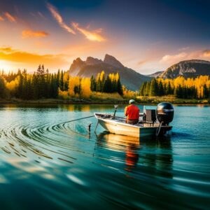 Pescador en bote en lago al atardecer entre montañas y pinos, escena ideal para guia completa mejores colores senuelos pesca.