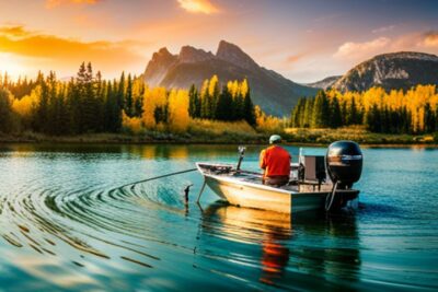 Pescador en bote en lago al atardecer entre montañas y pinos, escena ideal para guia completa mejores colores senuelos pesca.