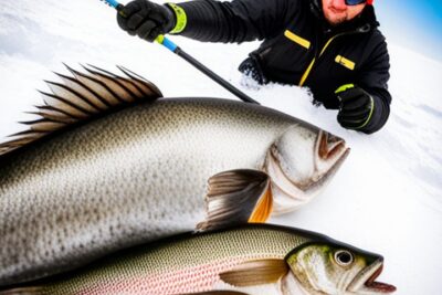 Pescador con gorro rojo y dos grandes peces sobre la nieve guia completa mejores especies pescar hielo aguas dulces.