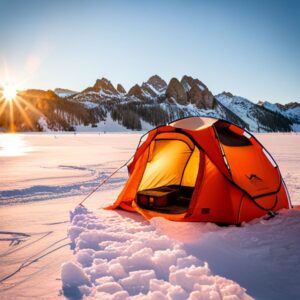 Tienda naranja iluminada sobre un lago helado al amanecer, guia completa mejores refugios pesca hielo.
