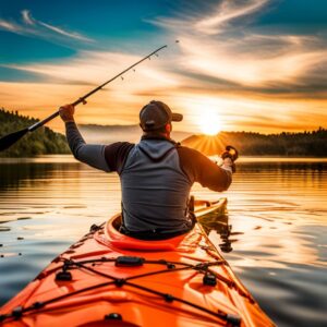 Pescador en kayak naranja al atardecer con caña y cubierta con cuerdas, guia completa sistema montaje accesorios kayak pesca