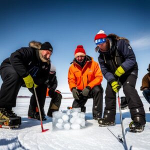 Grupo de pescadores en el hielo preparando un hoyo y herramientas sobre la superficie congelada, guia consejos navegar competencias pesca hielo.