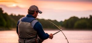 Pescador de pie en agua al atardecer con caña curvada y chaleco de pesca, guia consejos pesca mosca agua salada embarcacion