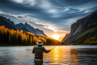 Pescador con caña de mosca en el agua al atardecer practicando guia linea flotante pesca mosca agua salada frente a montañas y bosque