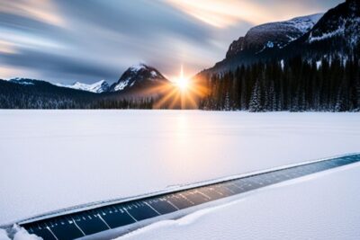 Guia medir grosor seguro hielo pesca hielo con una abertura en el lago congelado y una regla para comprobar el espesor frente a montañas nevadas