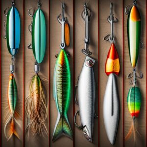 Exhibición de señuelos variados que ilustra la guia mejores materiales senuelos pesca