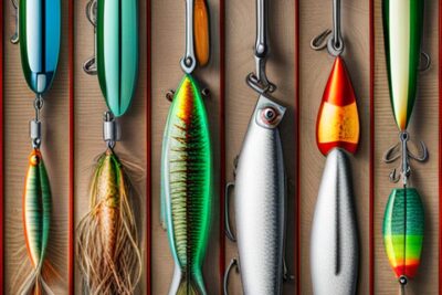 Exhibición de señuelos variados que ilustra la guia mejores materiales senuelos pesca