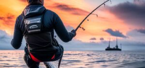 Pescador en el agua con caña y waders al amanecer, guia pescar lubina senuelos artificiales