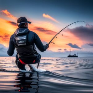 Pescador en el agua con caña y waders al amanecer, guia pescar lubina senuelos artificiales