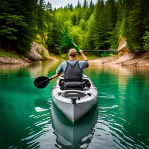 Remero de espaldas en kayak gris sobre agua esmeralda rodeada de bosque, imagen para guia practica limpiar mantener kayak pesca