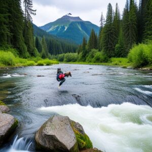 Río de montaña cristalino entre pinos y rocas, paisaje que evoca un habitat natural salmon