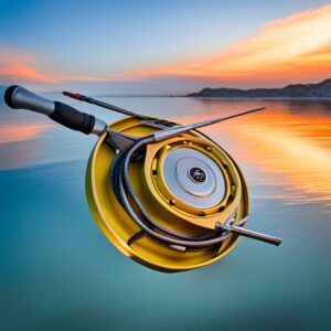Carrete dorado con línea y caña sobre aguas tranquilas al atardecer, herramientas pesca mosca agua salada