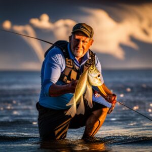 Pescador arrodillado en agua somera sosteniendo una captura con caña, hilos de amarre para pesca con mosca en agua salada guia completa
