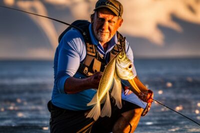 Pescador arrodillado en agua somera sosteniendo una captura con caña, hilos de amarre para pesca con mosca en agua salada guia completa