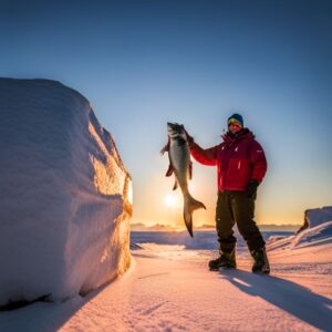 Pescador en la nieve sostiene una enorme captura junto al sol del amanecer, hitos pesca hielo descubre destacado.