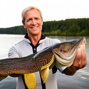 Hombre sonriente sostiene un lucio grande en un lago para identificar lucio macho vs hembra