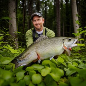 Pescador sostiene una gran trucha entre vegetación mostrando cómo imitar movimiento natural presas con senuelos artificiales.