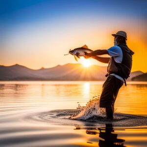 Pescador sosteniendo un pez al atardecer que ilustra la importancia pesca sostenible conservacion acuatica.