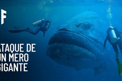 Buceadores con tanques y aletas junto a un enorme mero bajo el agua iysvH6KD8uQ