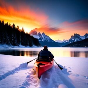 Persona abordando y desembarcando del kayak de pesca siguiendo las instrucciones de seguridad