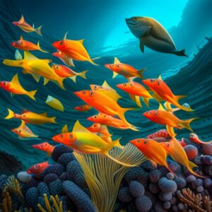 Banco de peces naranja sobre arrecife coralino que ilustra la importancia areas marinas protegidas conservacion acuatica.