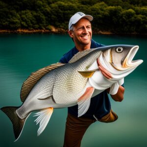 Pescador sonriente sostiene la lubina mas buscada por pescadores de agua salada sobre aguas verdes