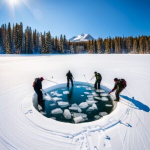 Pescadores alrededor de un agujero circular practicando la mejor estrategia competencia pesca hielo.