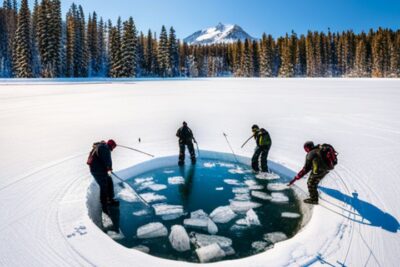 Pescadores alrededor de un agujero circular practicando la mejor estrategia competencia pesca hielo.