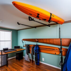 Habitación con kayaks montados en rack de techo y soportes de pared mostrando la mejor forma almacenar kayak pesca invierno.