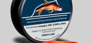 Bobina con la mejor linea de pesca con mosca en agua salada para pescar redfish, línea naranja enrollada junto a etiqueta con ilustración de pez