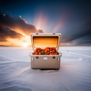Caja térmica abierta sobre la nieve con frutas y amanecer al fondo, mostrando la mejor manera de mantener fresco un bagre despues de atraparlo.