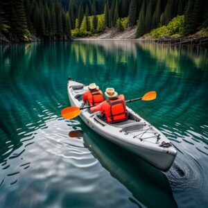 Dos ocupantes en un kayak tándem sobre agua turquesa con chalecos y cuerdas elásticas, la mejor manera de transportar canas de pescar en un kayak ilustrada por el espacio de almacenamiento