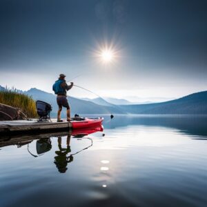 Pescador en un muelle junto a un kayak rojo demostrando la mejor manera lanzar cana pesca kayak bajo el sol sobre un lago tranquilo.
