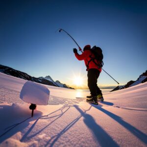 Pescador en hielo al amanecer mostrando la mejor manera perforar agujero hielo pescar